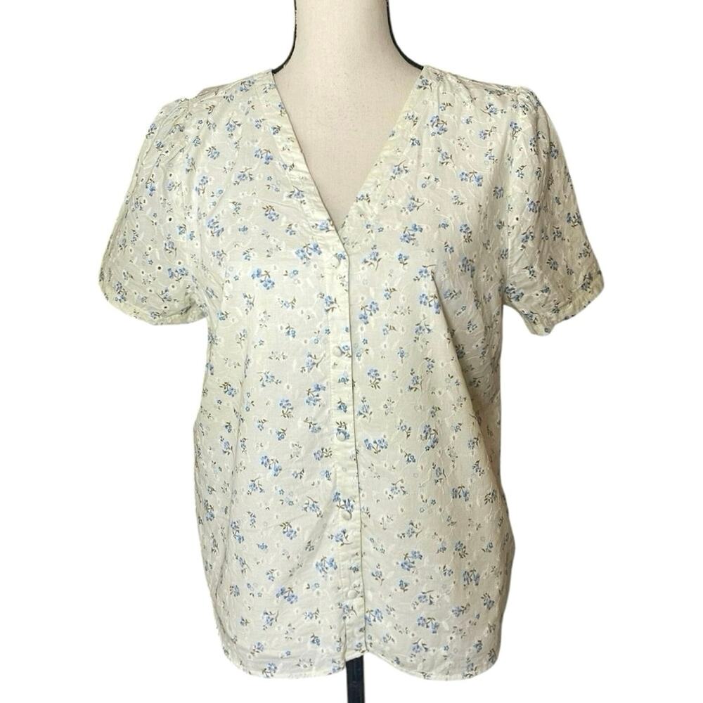 1.State Floral Eyelet Lace Button Up Puff Sleeve Cottagecore Feminine Top Large - Picture 2 of 10